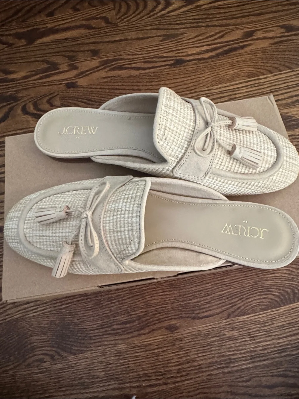 J. Crew Blonde Natural Raffia Woven Tassel Mules. New, in box. Size 9.